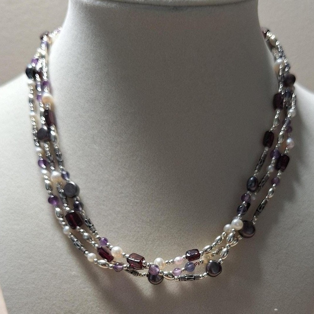 Torsade necklace amethyst sky blue topaz pearls sterling silver 16 inches